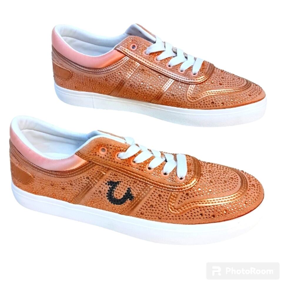 True Religion Rhinestone Sneakers Sz 10 Rose Gold Luxe Embellished Trainers $125